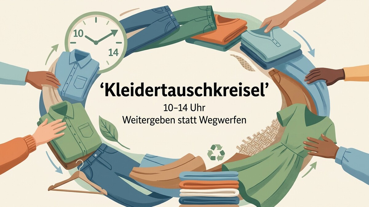 Kleidertauschkreis mit Kleidung, Händen und Uhr, 10–14 Uhr