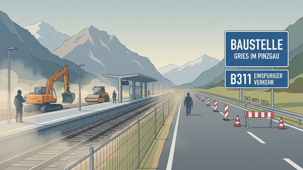 Baustelle Gries im Pinzgau, B311 einspuriger Verkehr mit Baumaschinen