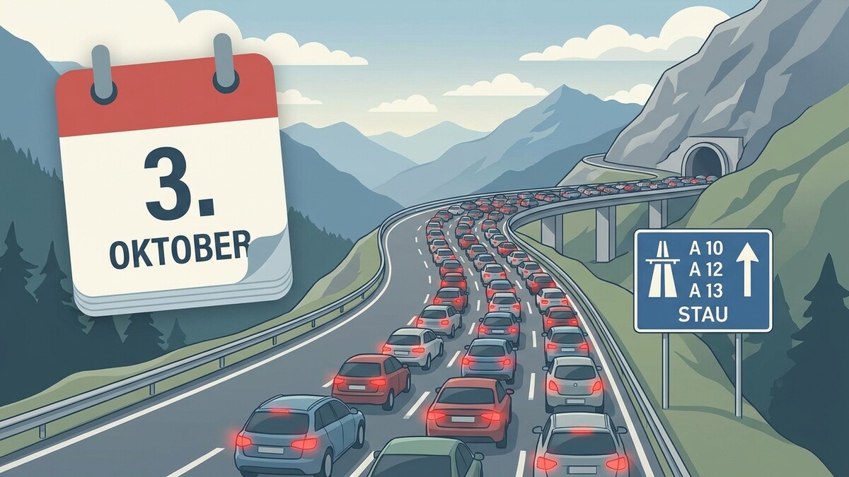 Stau am 3. Oktober auf der Autobahn mit Bergpanorama und Tunnel