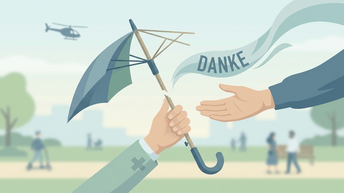 Schirm mit gebrochenem Griff wird übergeben, daneben „Danke“ und eine helfende Hand
