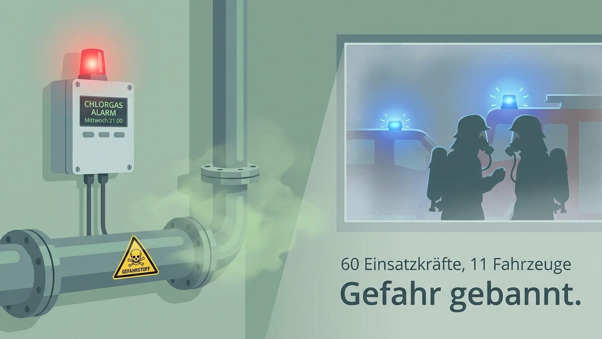 Chlor-Gas-Alarm bei Rohren mit Gefahrenstoff-Symbol und Einsatzkräften