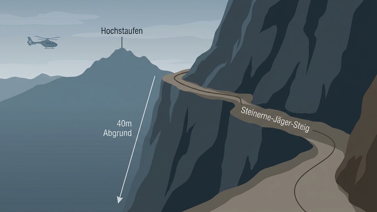Steinerne-Jäger-Steig am Hochstaufen mit 40m Abgrund und Rettungshubschrauber