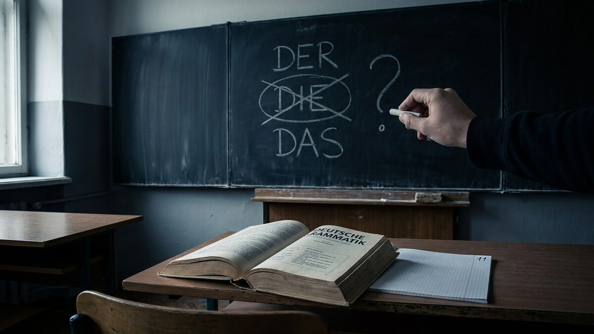 Deutschunterricht: Hand schreibt Artikel DER, DIE, DAS an Tafel, Grammatikbuch liegt auf Pult.