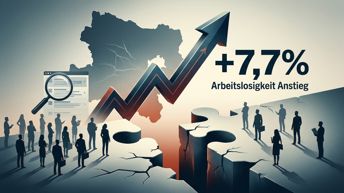 Arbeitslosigkeit Anstieg +7,7%, stilisierte Menschen vor Landkarte und steigendem Pfeil