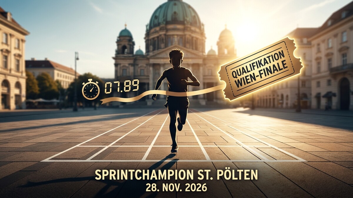 Sprintchampion St. Pölten: Läufer überquert Ziellinie, Qualifikation Wien-Finale, Zeit 07.89