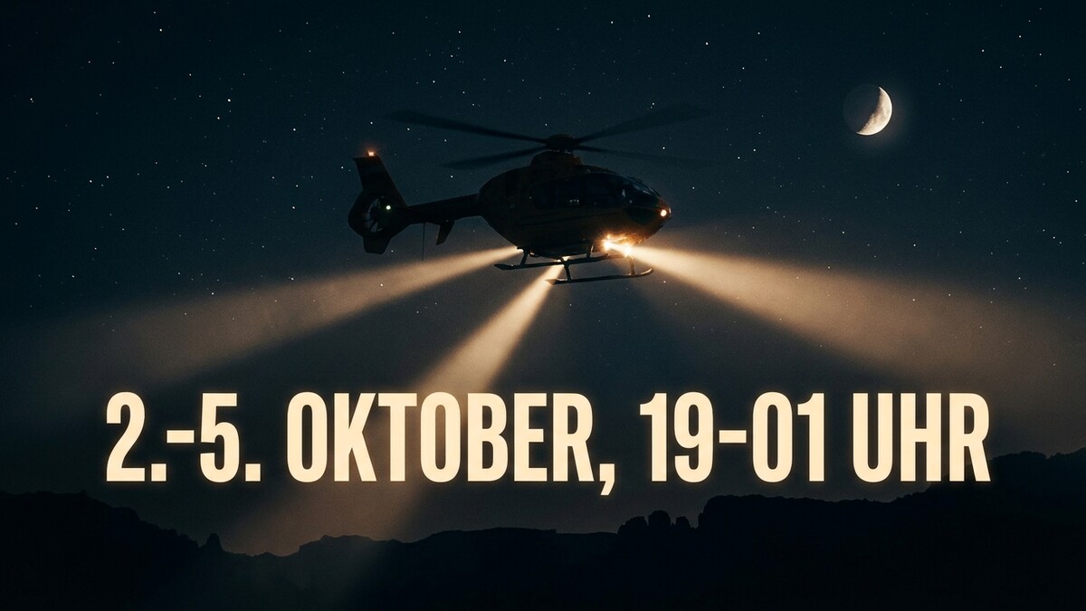 Rettungshubschrauber im Sternenhimmel mit Mond und Text 2.-5. Oktober, 19-01 Uhr