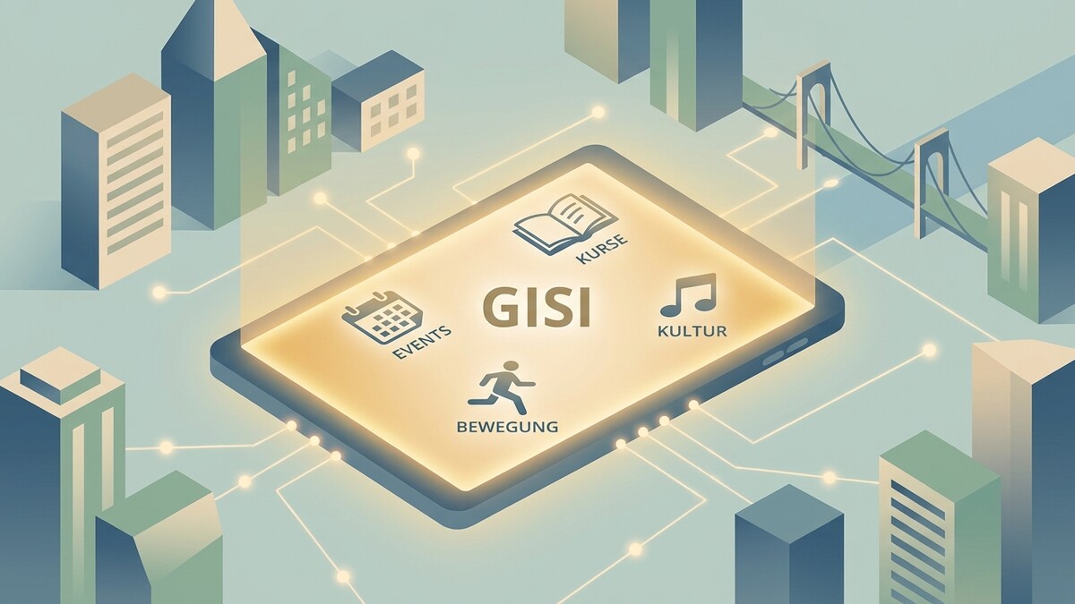 GISI-App mit Icons für Events, Kurse, Kultur und Bewegung vor stilisierter Stadtkulisse
