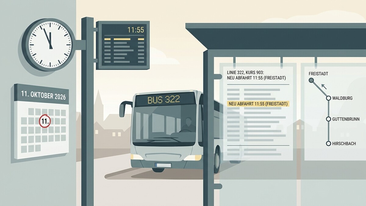 Bus 322 wartet an der Haltestelle Freistadt, Fahrplan zeigt neue Abfahrt 11:55 am 11. Oktober 2026