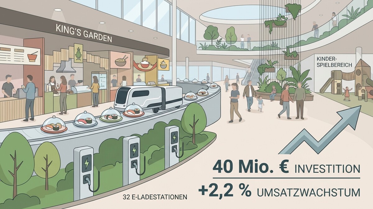 Einkaufszentrum mit Sushi-Bahn, Kinderbereich, E-Ladestationen und Wachstumsdiagramm