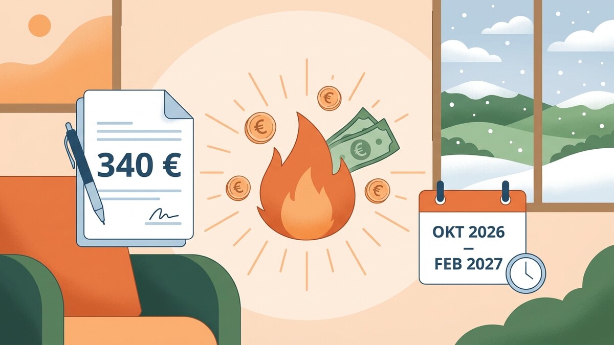 340 Euro auf einem Dokument über einem Sessel, daneben ein Kalender mit Okt 2026-Feb 2027.