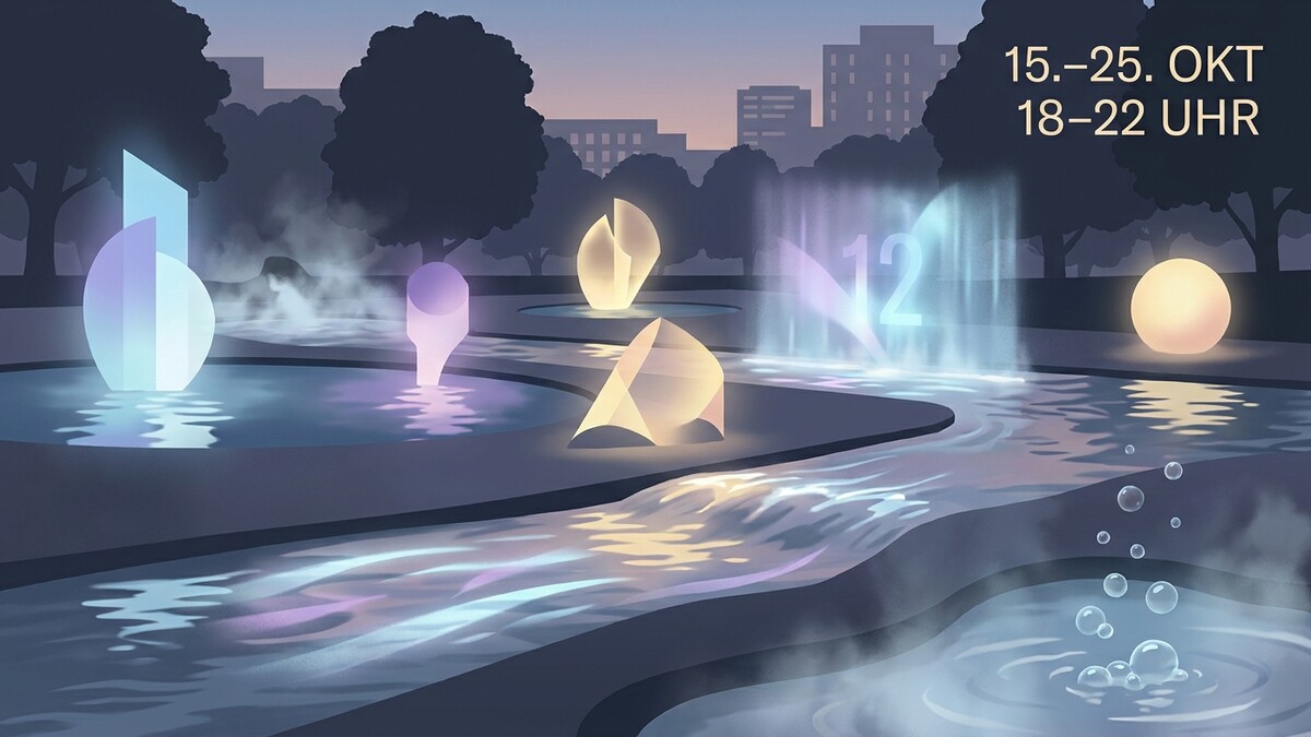 Lichtinstallation mit Wasserspielen und der Zahl 12 in einem Park bei Nacht.