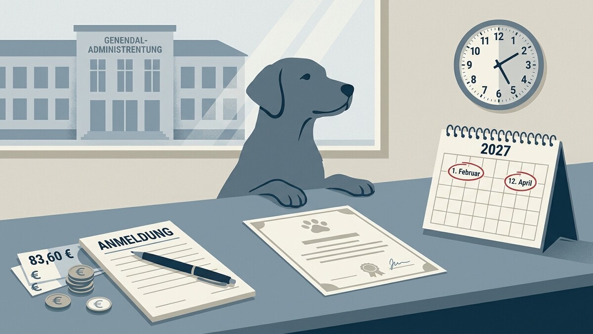 Hund vor Generals-Administration mit Anmeldeformular, Urkunde, Kalender 2027 und Geld.