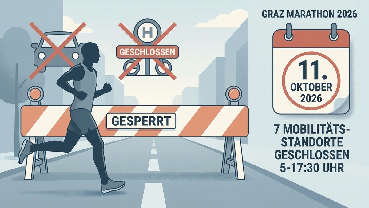 Graz Marathon 2026: Läufer vor Absperrung, Auto & Öffi mit roten Kreuzen