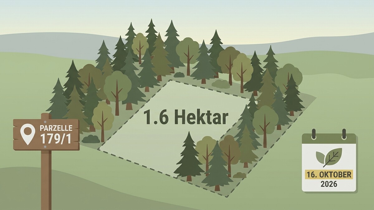 Flurstück 179/1 mit 1,6 Hektar Waldfläche und Kalenderblatt 16. Oktober 2026