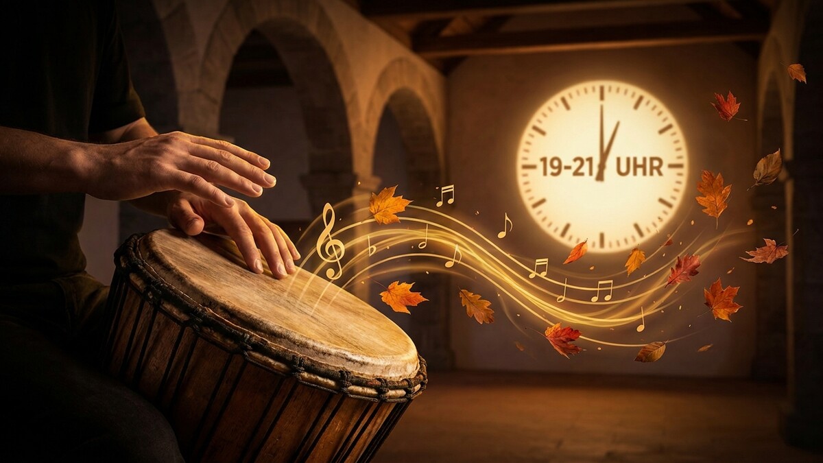 Trommelnde Hände vor Uhr mit Zeitangabe 19-21 Uhr und Herbstlaub