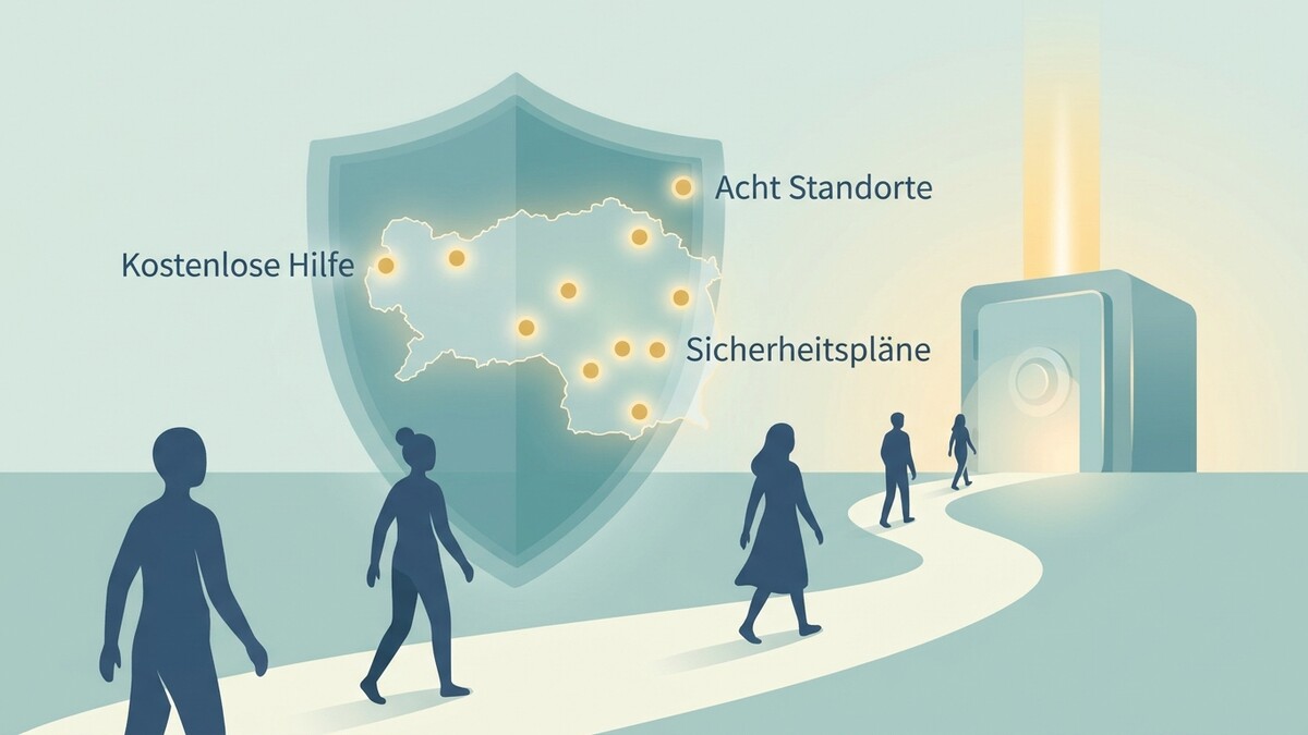 Sicherheitspläne und acht Standorte auf einer Landkarte mit kostenloser Hilfe, Menschen gehen auf einen Tresor zu