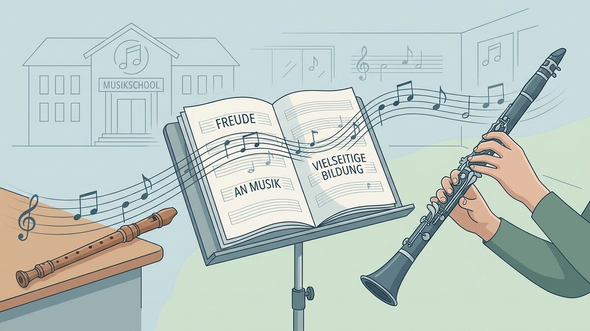 Musikschule mit Notenblatt, Blockflöte und Klarinette spielenden Händen