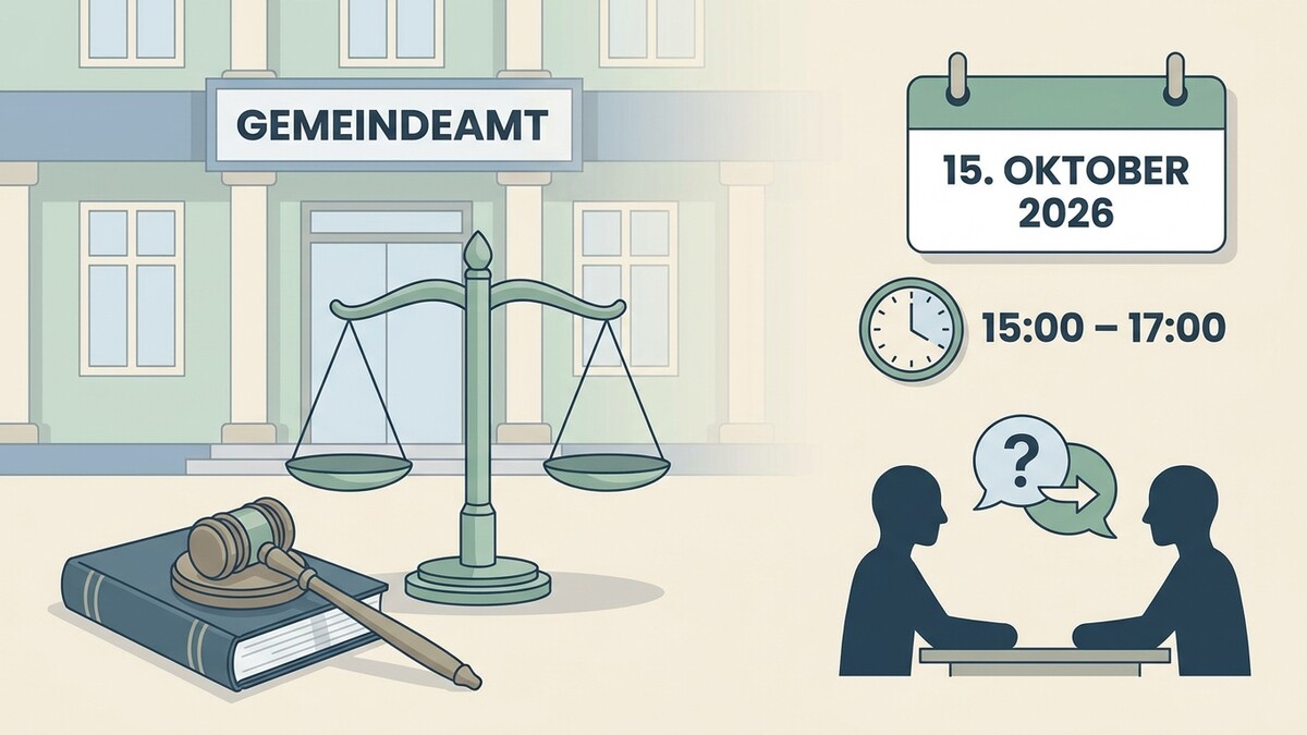 Gemeindeamt mit Waage, Buch, Hammer und Kalender am 15. Oktober 2026 von 15 bis 17 Uhr