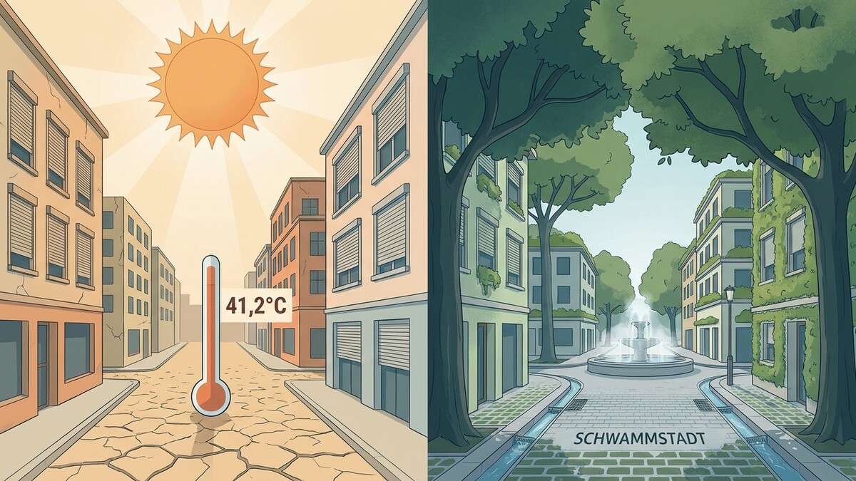 Hitze und Dürre im Vergleich zur Schwammstadt mit Brunnen und Bäumen