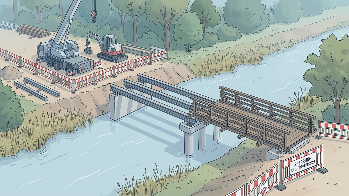 Brückenbau mit Kran, Bagger und Stahlträgern über einem Fluss in Österreich