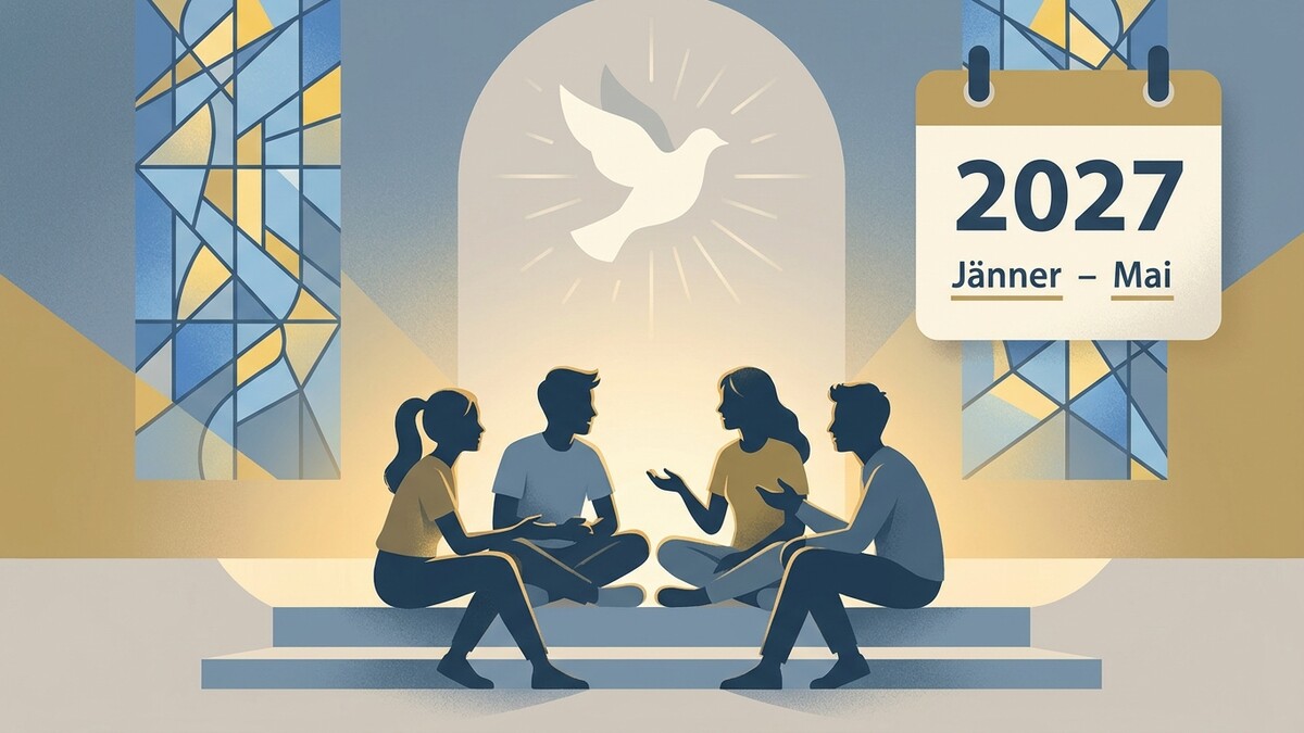 Firmung 2027 Jänner-Mai: Vier Jugendliche sitzen im Kreis vor einem bunten Kirchenfenster.