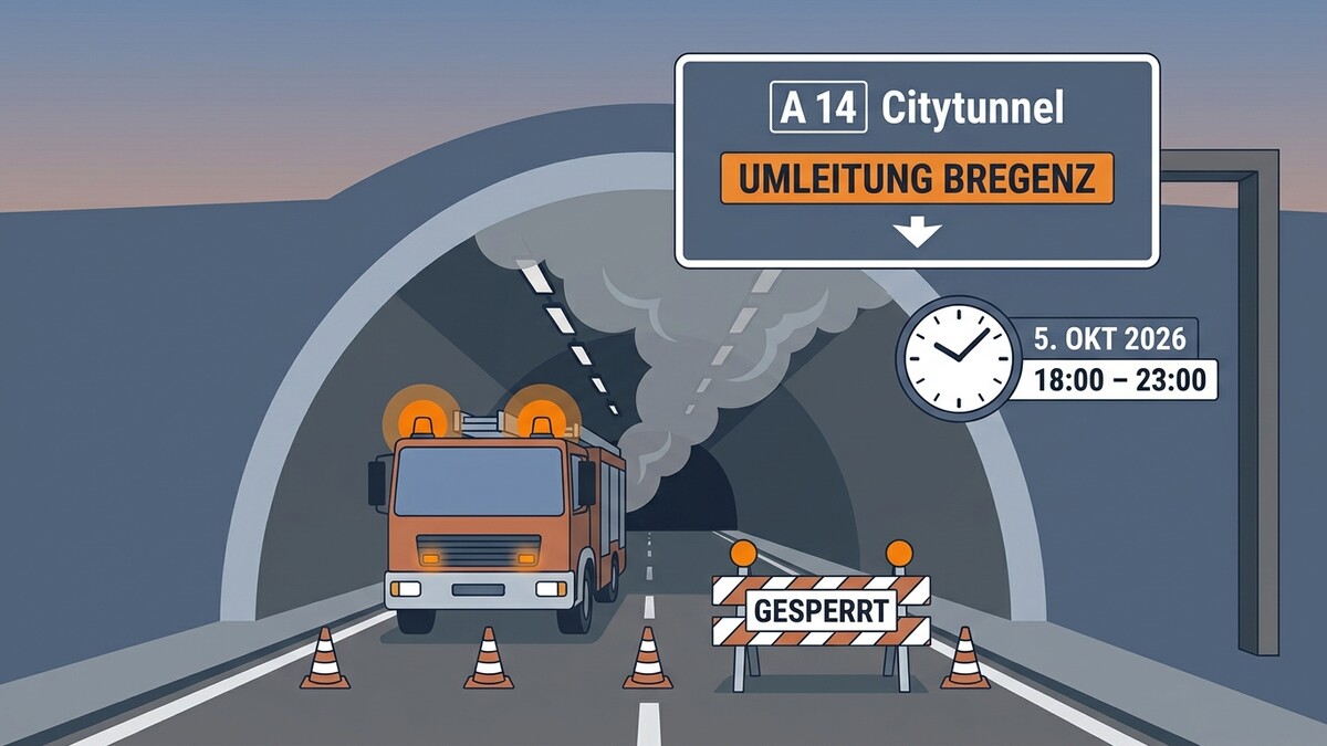 Citytunnel Bregenz Umleitung: Feuerwehrauto vor Tunnel mit Rauch, gesperrt.