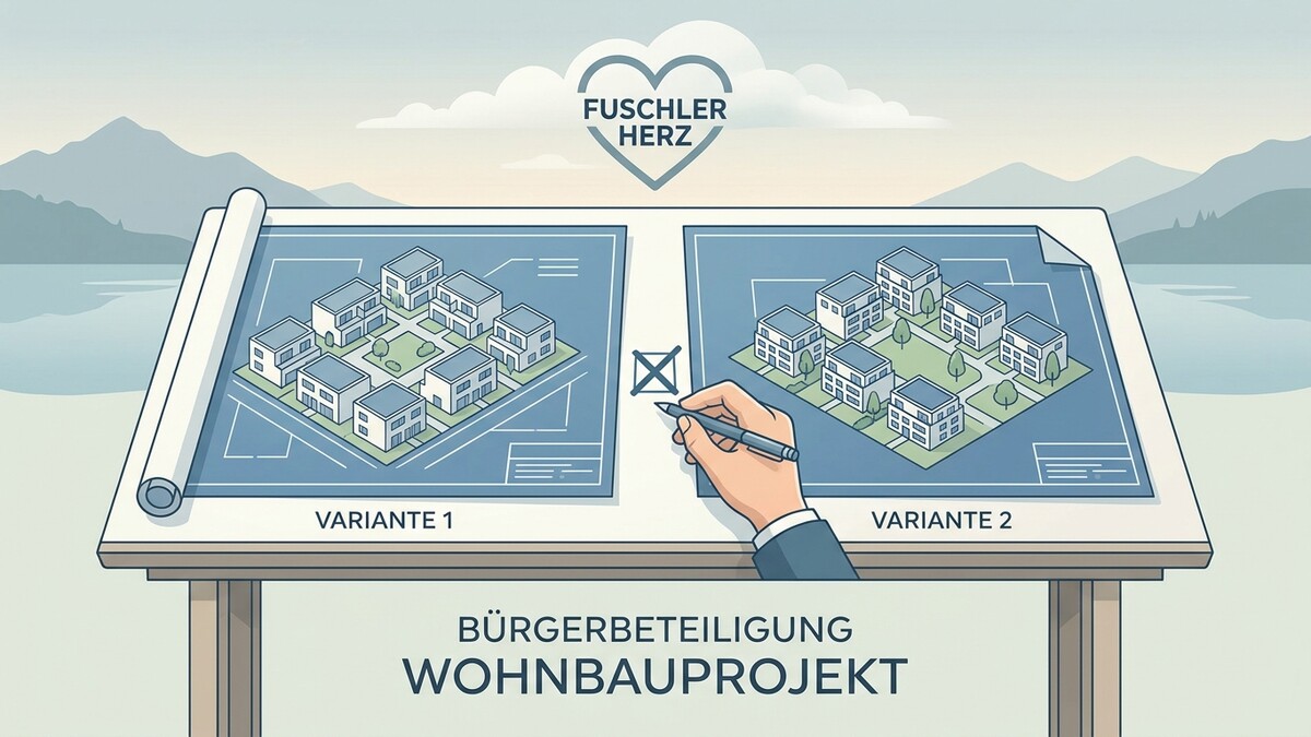 Wohnbauprojekt Bürgerbeteiligung: Hand wählt zwischen Variante 1 und 2 auf Bauplan