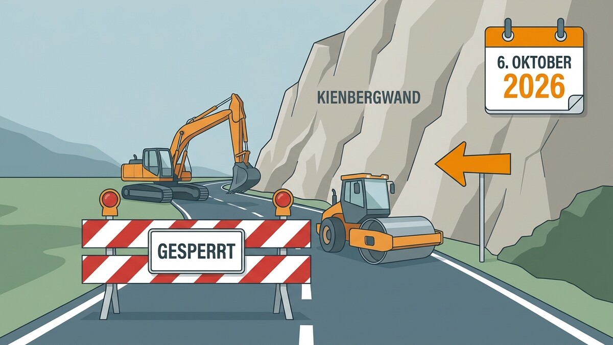 Kienbergwand Baustelle mit Baggern und Walze, Sperre bis 6. Oktober 2026