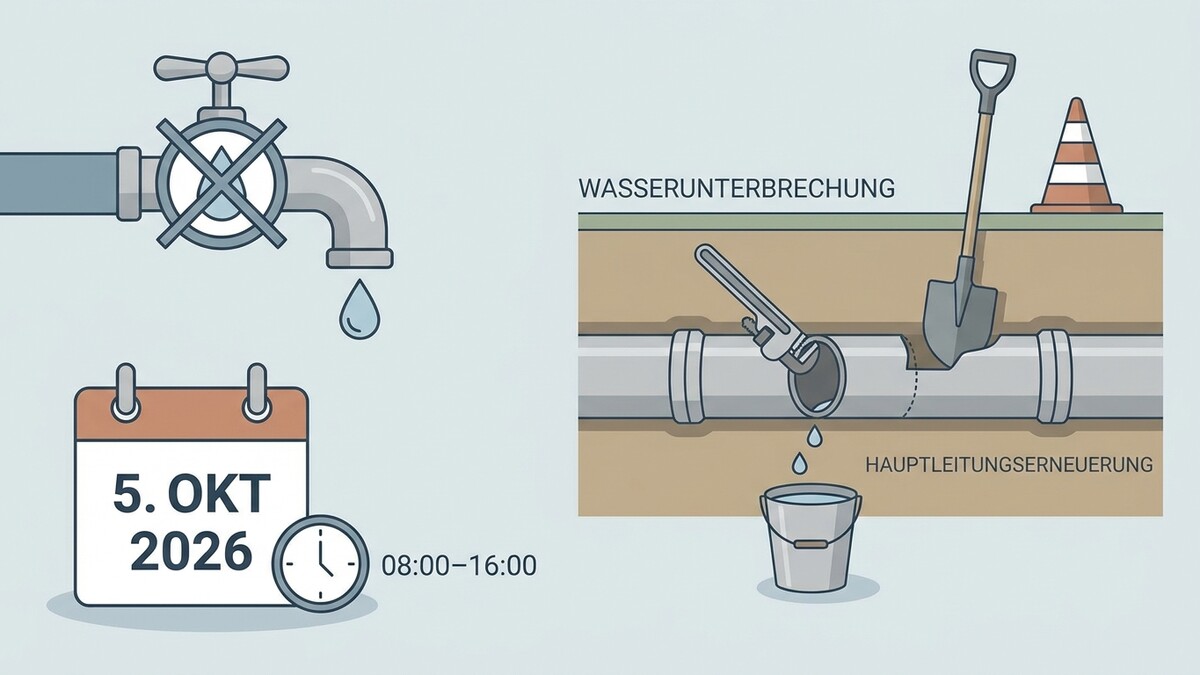 Wasserunterbrechung und Hauptleitungserneuerung am 5. Okt. 2026 von 8–16 Uhr.