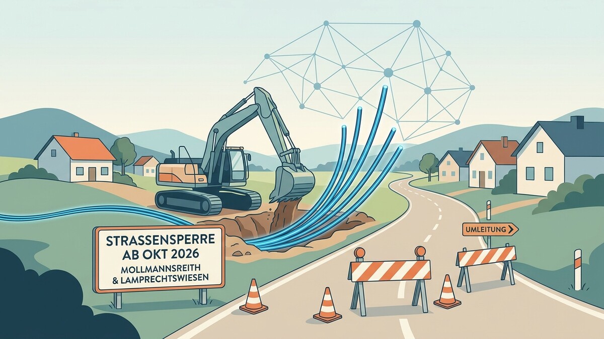 Bagger legt Glasfaserkabel in Mollmannsreith und Lamprechtwiesen, Straßenabsperrung und Umleitungsschild