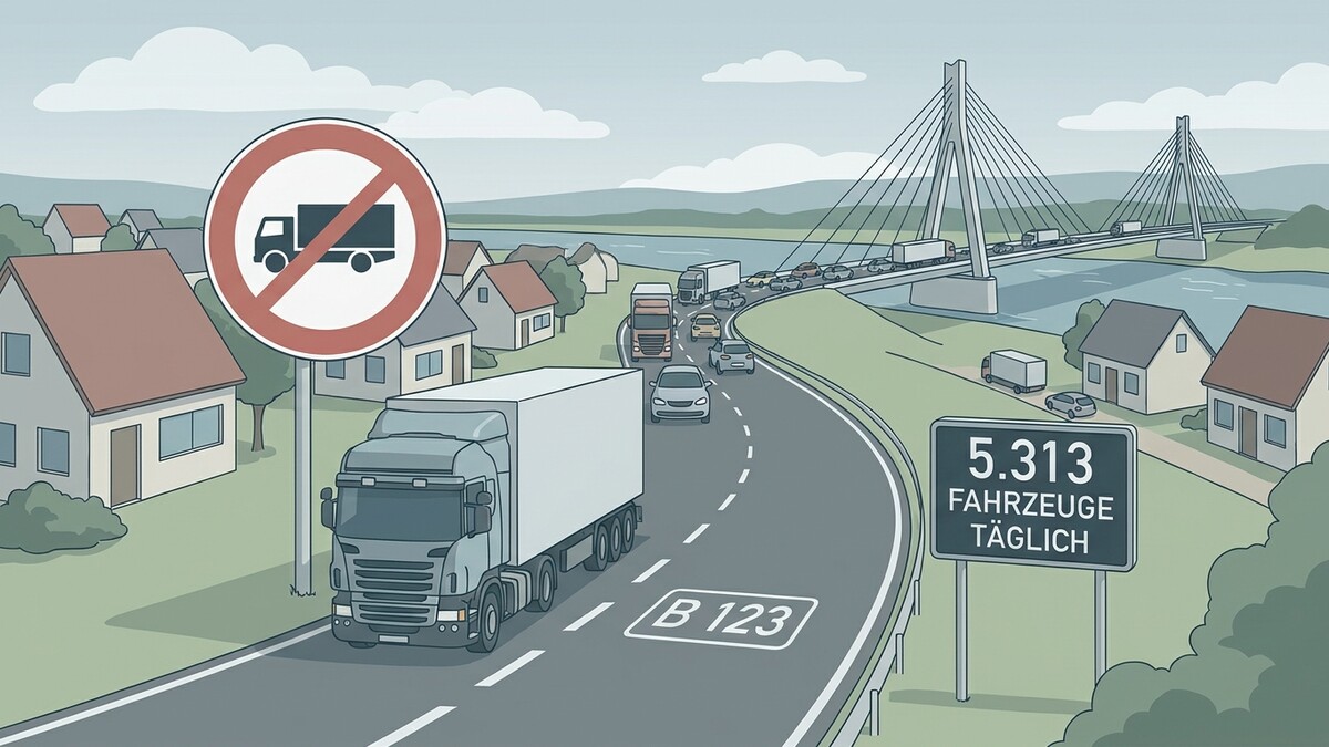 LKW-Verkehrsverbotsschild und Stau auf der B 123 mit Brücke und Ort