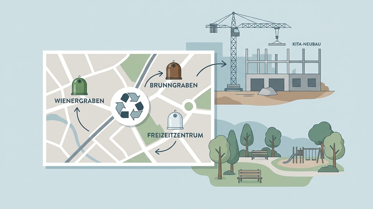 Übersichtskarte mit Glascontainern in Wienergraben, Brunngraben, Freizeitcenter und einem KITA-Neubau