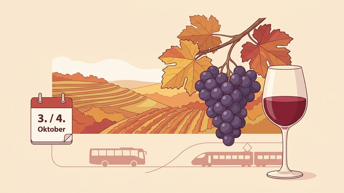 Weinlese im Oktober mit Trauben, Kalenderblatt und Weinbaugebiet