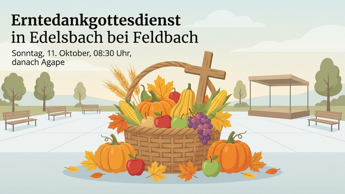 Erntedankkorb mit Kürbissen, Äpfeln, Trauben und Mais in Edelsbach bei Feldbach