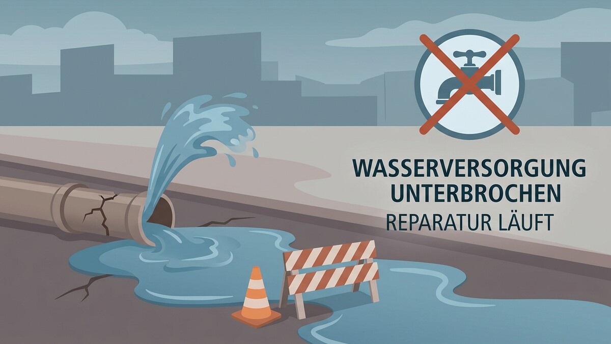 Wasserrohrbruch in der Stadt mit überschwemmter Straße, Warnkegel und Absperrung