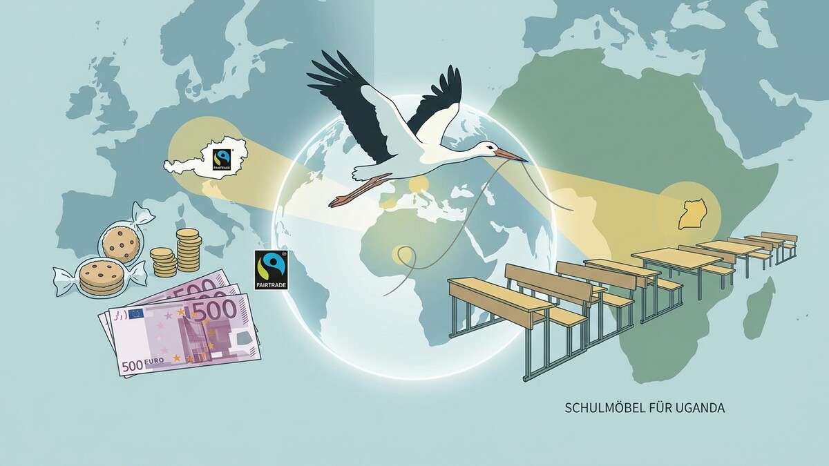 Schulmöbel für Uganda: Storch fliegt von Österreich nach Afrika mit Fairtrade-Symbolen, Euro-Scheinen und Keksen.