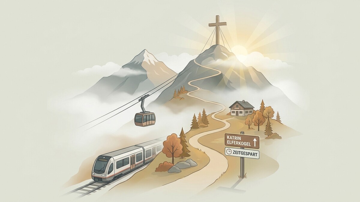 Katrin Elferkogel mit Seilbahn und Zug, Wegweiser, Berg mit Kreuz