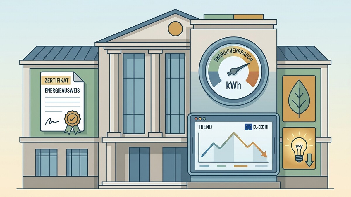 Energieausweis und Energieverbrauchsanzeige an einem Gebäude mit Trenddiagramm