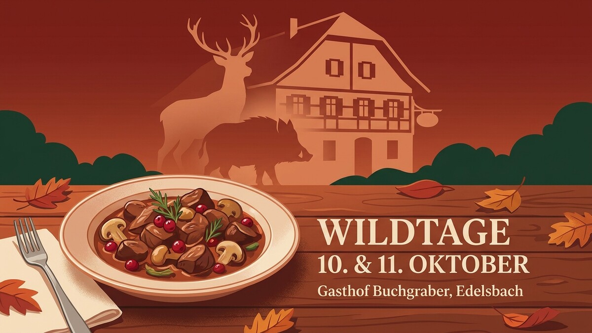 Wildtage im Gasthof Buchgraber, Edelsbach: Hirsch und Wildschwein vor Gasthof
