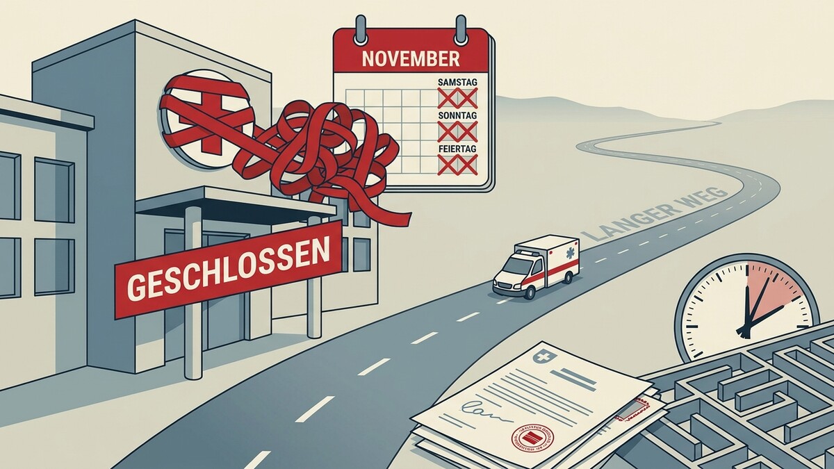 Krankenhaus mit rotem Band und "GESCHLOSSEN"-Banner, Kalender, Rettungswagen, Uhr und Labyrinth