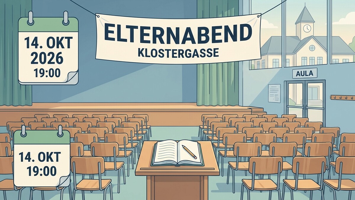 Elternabend Klostergasse am 14. Okt 2026 um 19:00 Uhr, Aula mit Stühlen und Pult