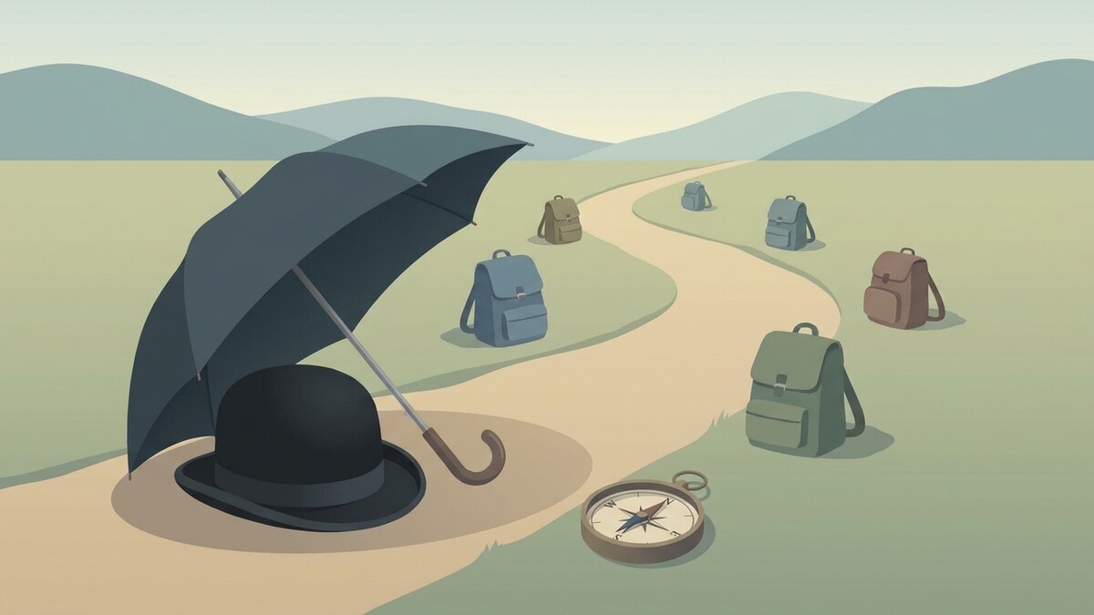 Regenschirm und Hut auf einem Weg mit vielen Rucksäcken und Kompass