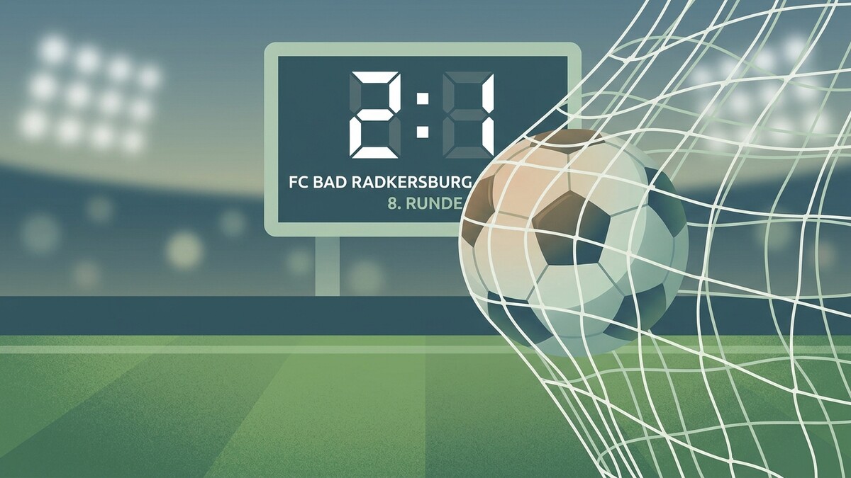Fußballtor mit Ball im Netz, Anzeigetafel zeigt 2:1 für FC Bad Radkersburg, 8. Runde