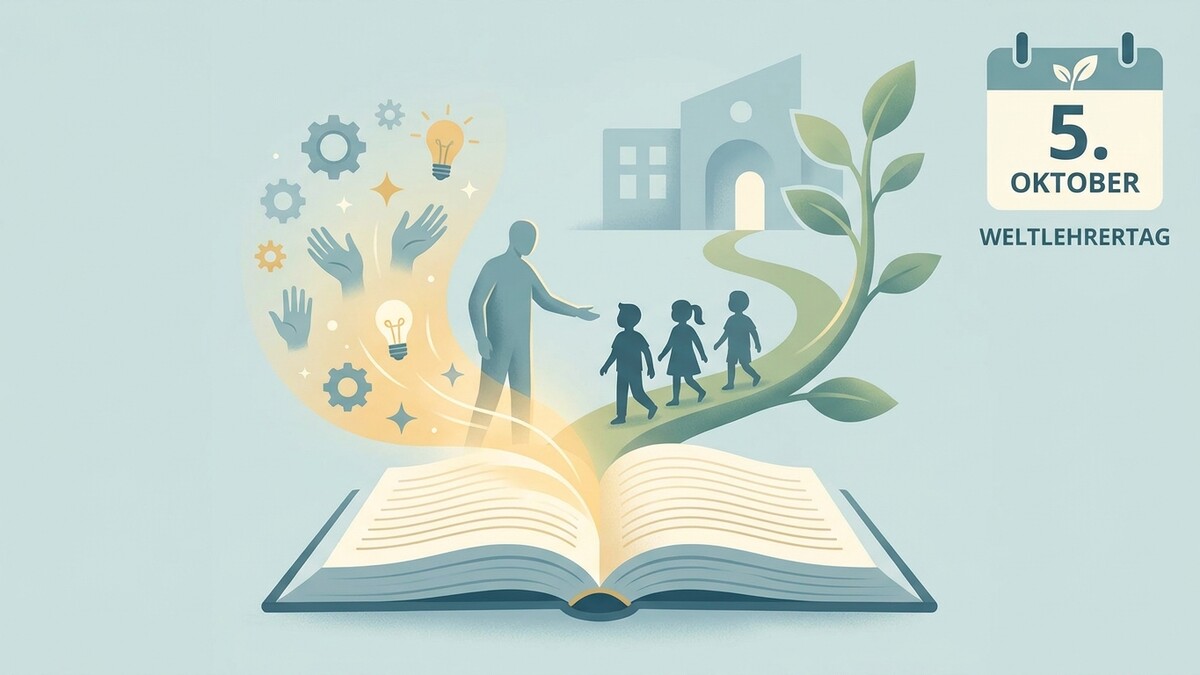 Weltlehrertag am 5. Oktober: Lehrer führt Kinder von Buch zu Schulgebäude