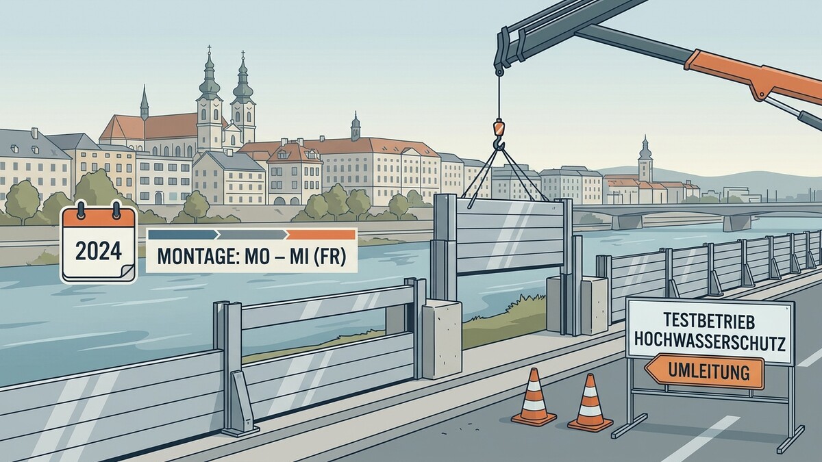 Hochwasserschutz-Elemente werden 2024 in Linz montiert, Umleitungsschild.