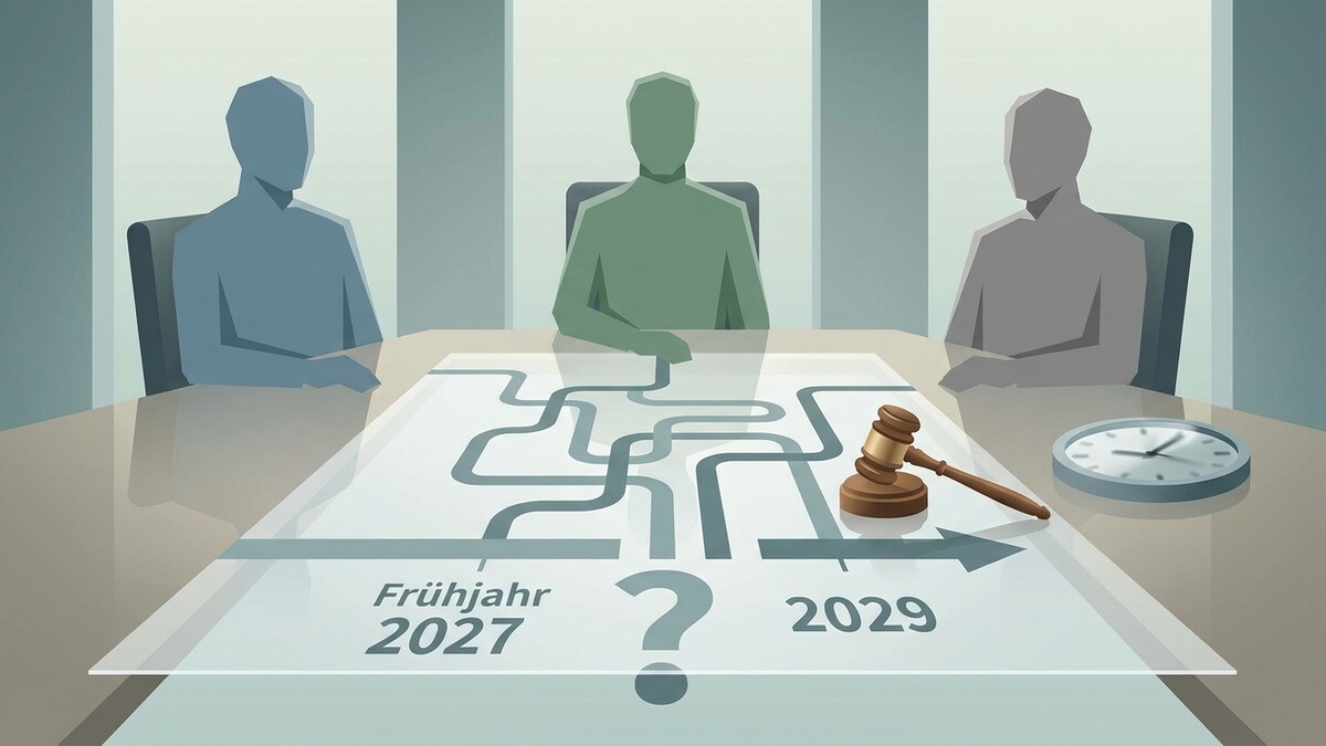 Richterhammer und Uhr auf Tisch mit Strategieplan und Jahreszahlen Frühjahr 2027 und 2029