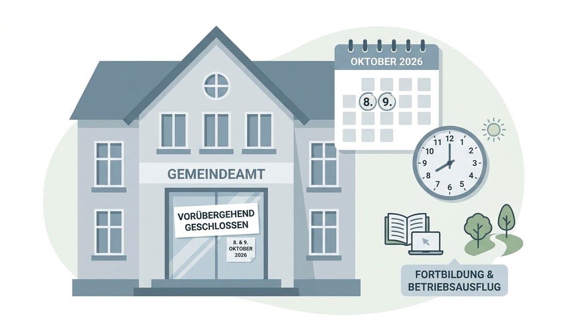 Gemeindeamt mit Schild "Vorübergehend geschlossen" am 8. & 9. Oktober 2026