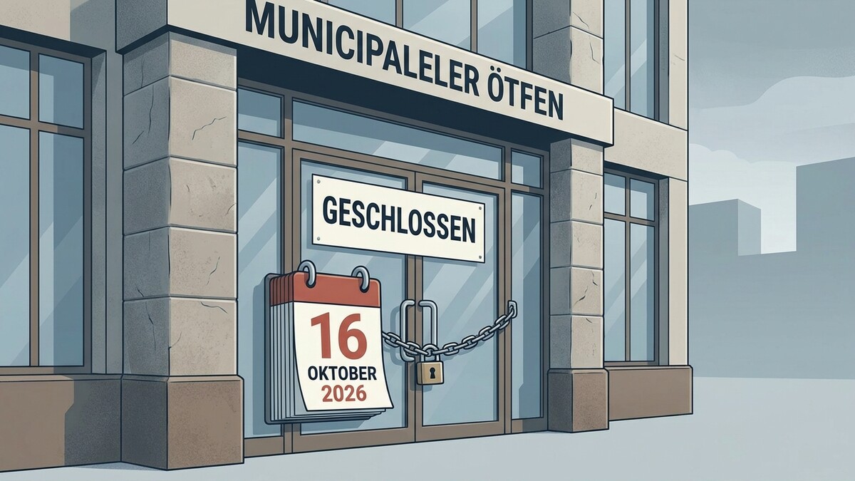 Gemeindeamt mit Schild "GESCHLOSSEN", Kalender 16. Oktober 2026, Kette und Schloss