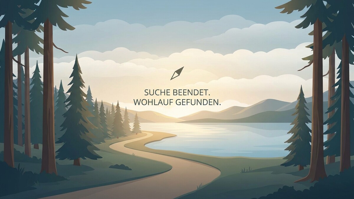 Landschaft mit Wald, See und Bergen bei Sonnenaufgang, Text "Suche beendet. Wohlauf gefunden."