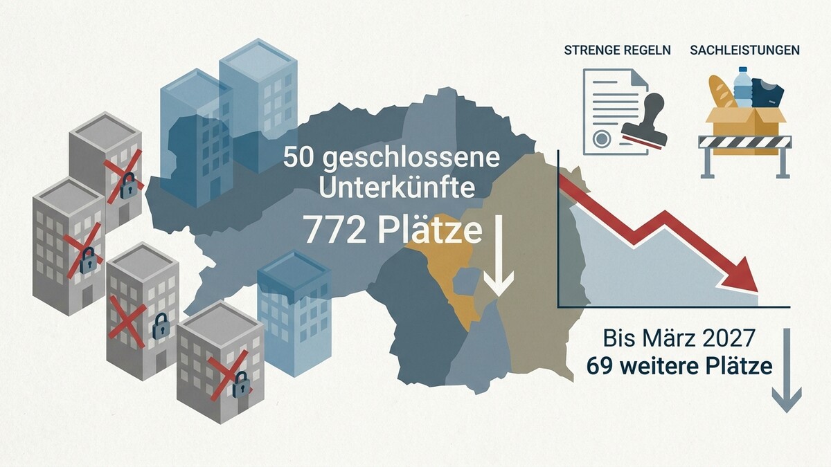Unterkünfte Österreich: 50 geschlossene Unterkünfte, 772 Plätze, bis März 2027 69 weitere Plätze
